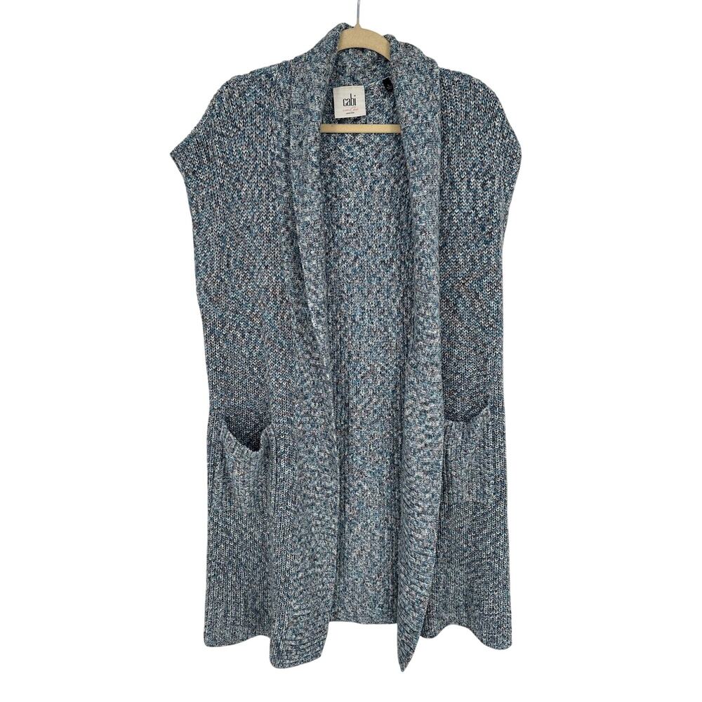 Cabi Blue Chunky Knit Long Sleeveless Cardigan Pockets Comfort Fall Casual S
